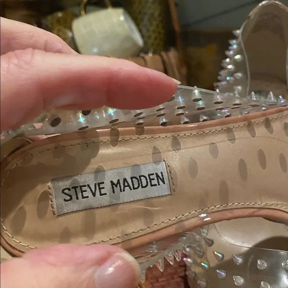 Steve Madden Tolima Clear Ecru High Heel Womens Size 9.5M Pumps Silver Studded - Picture 9 of 16